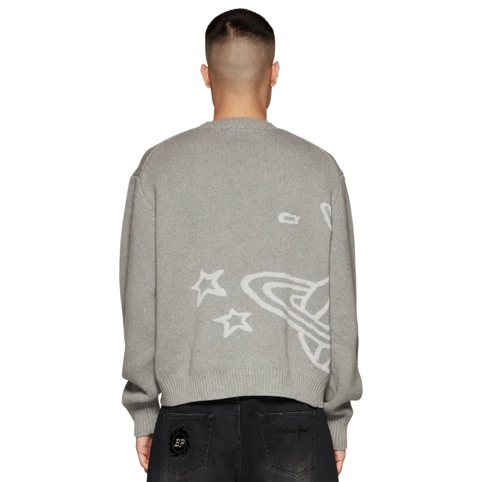 Model back view of Broken Planet Heather Grey Planet Knit Sweatshirt BP-KT-SW-H_GRAY